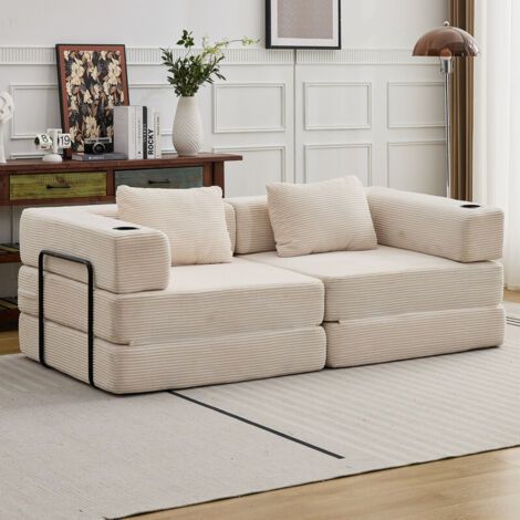 Canapé-lit convertible 200 cm velours côtelé – 2 porte-gobelets – 2 coussins – Design modulaire pour 2/4 personnes – Blanc (1/5)