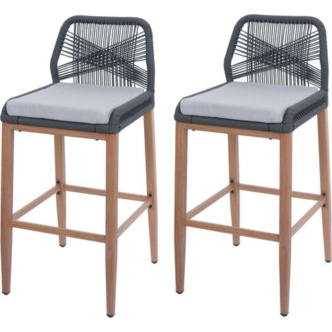 [NEUWERTIG] 2er-Set Rope-Barhocker HHG-982, Outdoor Sitzpolster Seilgeflecht Metall Holz-Optik anthrazit, Kissen hellgrau (1/5)
