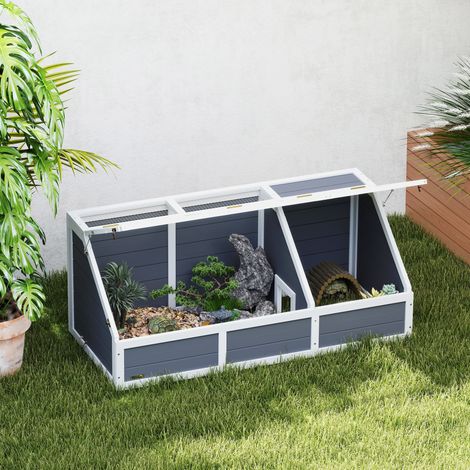 Gris clair et blanc - Maison de tortue sans sol, panneau ouvrant, 2 espaces, sapin et acier galvanisé, 120x55x50 cm, habitat extérieur