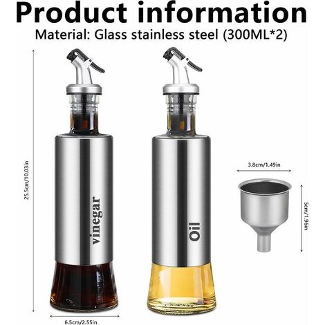 VURAHOME - Bouteille Huile Olive Bouteille Huile Et Vinaigre Distributeur Huile Doseur Huile Acier Inoxydable, Avec Bec Verseur Et Entonnoir, Utilisé Pour Les Grillades, 300 Ml 2, Imprimé Avec Des Mot (1/5)