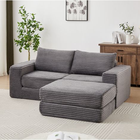 Sofá cama modular de 2 plazas en pana gris, 2 cojines, reposapiés DESVIAE (1/5)