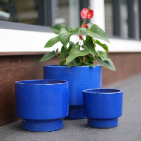 Ensemble de 3 pots de fleurs en céramique faits à la main (Ø 38,1/30,5/22,9 cm), émail bleu uni, idéal pour les plantes succulentes/fleurs, intérieur/extérieur, terre cuite poreuse respirante. (1/5)