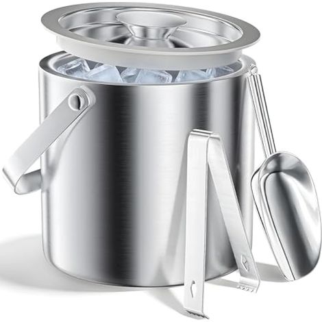 Seau à glaçons en acier inoxydable 3 l à double paroi avec couvercle pelle à glace et pince, parfait pour le stockage et le refroidissement de la bière, du vin, du champagne et des fruits lors (1/5)
