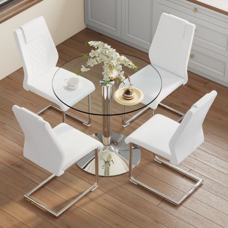 Ensemble table et chaises de salle à manger : Table de salle à manger moderne et minimaliste en verre de sécurité d’un diamètre de 85 cm, associée à 4 chaises de salle à manger avec pieds en métal arg (1/5)