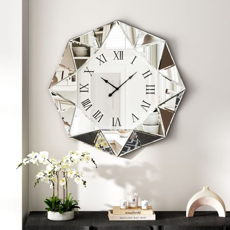 23.4in Modern Glam Geometric Mirrored Wall Clock - Faceted Diamond-Shaped Mirror Clock with Roman Numerals for Living Room, Bedroom, Home Accent