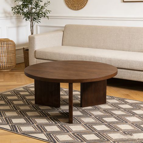 Mesa de Centro Redonda con Patas Acanaladas, Superficie Lisa, para Salón y Dormitorio, MDF, Marrón Nogal (1/5)