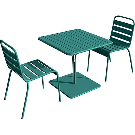Salle à manger de jardin en métal - une table L.80 cm et 2 chaises empilables - Bleu canard - MIRMANDE de MYLIA