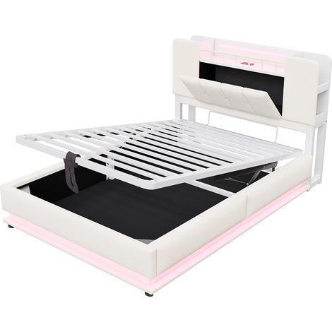 Cama infantil tapizada 90 x 200 cm con LED, USB y almacenamiento hidráulico, beige (1/5)