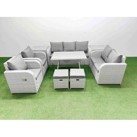 Fimous PE Rattan Garden Furniture Set Outdoor Rectangular Dining Table Sofa Set with Reclining Chair 2 Small Stool 2 Side Tables Light Grey (1/4)