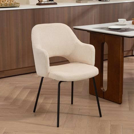 Fauteuil de salle à manger beige, revêtu de velours côtelé, forme coque, pieds en métal avec patins antidérapants. (1/5)