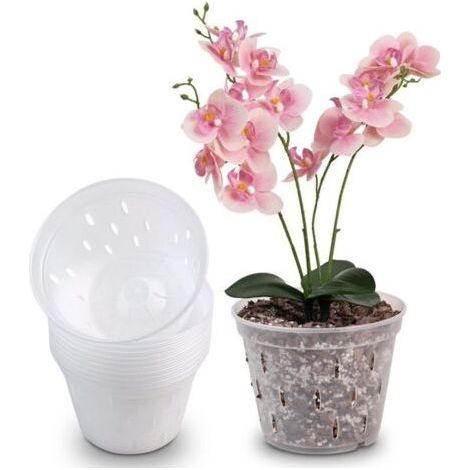 Pots d'orchidées en plastique transparents de 5 pouces, 10 pièces, pots de plantation d'orchidées, contrôle des racines des plantes, pots en maille avec trous et plateaux-Chrom (1/5)