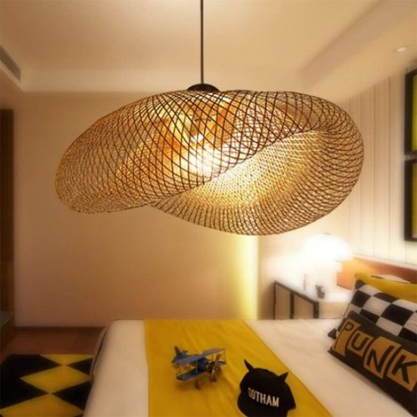 1 Lustre Suspension E27 Bambou Rotin Tissé Hauteur Réglable Vintage Pour Salon Salle À Manger Café