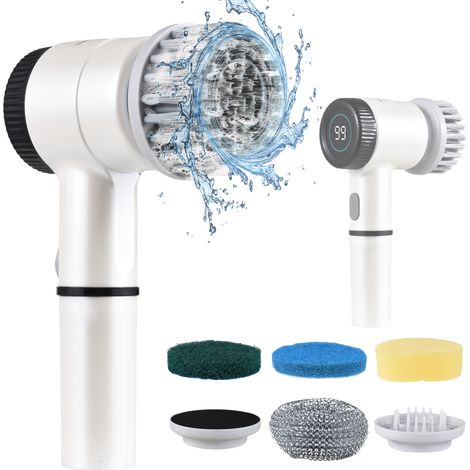 Cepillo de limpieza eléctrico inalámbrico, 3 velocidades, pantalla digital, resistente al agua (5 cabezales de cepillo). (1/5)