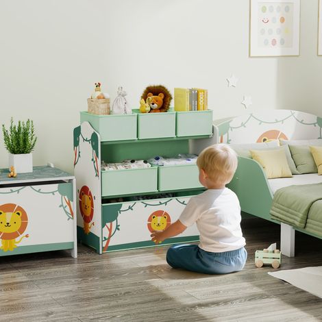 Meuble rangement enfant à 3 niveaux, vert, étagère de rangement pour jouets enfants avec 6 boîtes en tissu amovibles