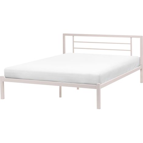 Bed Frame Light Beige Metal EU King Size 5ft3 Solid Wood Slats Industrial Minimalist CUSSET (1/5)