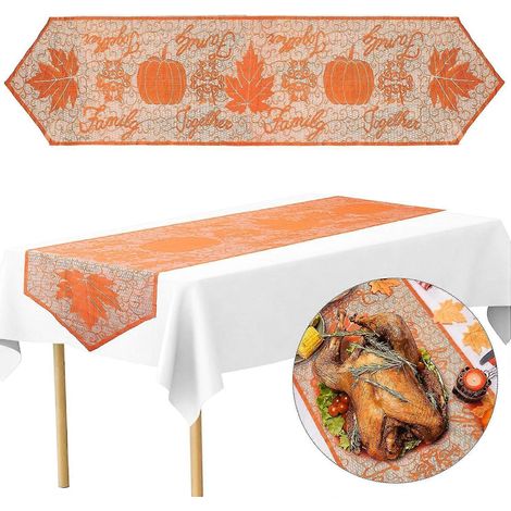Chemin de table d'automne, chemin de table citrouille d'automne, chemin de table feuille d'érable, chemin de table dentelle orange pour Thanksgiving (1/5)