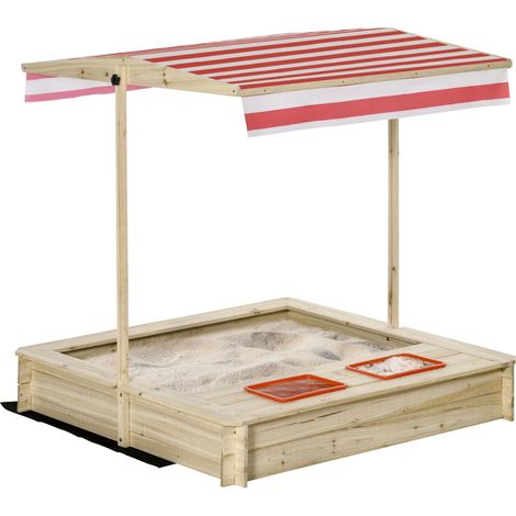 Bac à sable carré jardin 118 x 118 x 118 cm toit réglable refermable pour plusieurs enfants rustique en bois naturel (1/5)