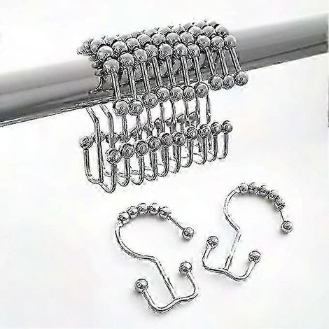 Rideau de douche anneaux métalliques double glisseur nickel brossé Kongqtee, lot de 12 pour tringle, finition chrome satinée, robuste et silencieux. (1/4)