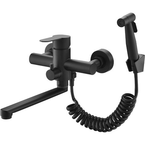 Wall Mounted Faucet with Spray Gun, Kitchen Sink, Stainless Steel Faucet, Hot/Cold Water, Laundry Basin, Rotating (Black) (1/5)