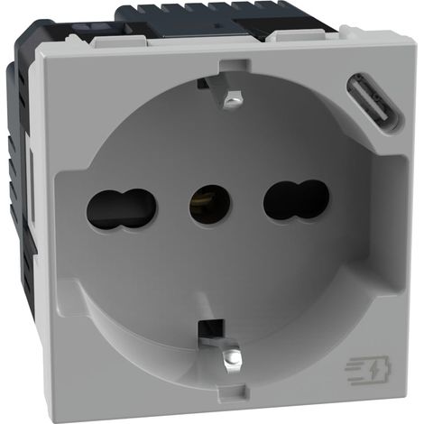 Prise Schuko Italienne P40 + Chargeur USB Type C, Quick Charge, Prise électrique avec alvéoles protégées, compatible avec prises italiennes/Schuko, 2 modules, gris, JG4140A16USB (1/5)