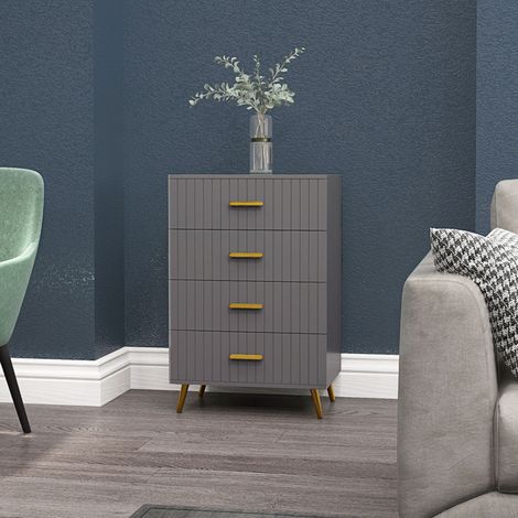 Commode 4 tiroirs meuble de rangement chambre avec pieds en aluminium doré, 60L x 40l x 90H cm, gris (1/5)