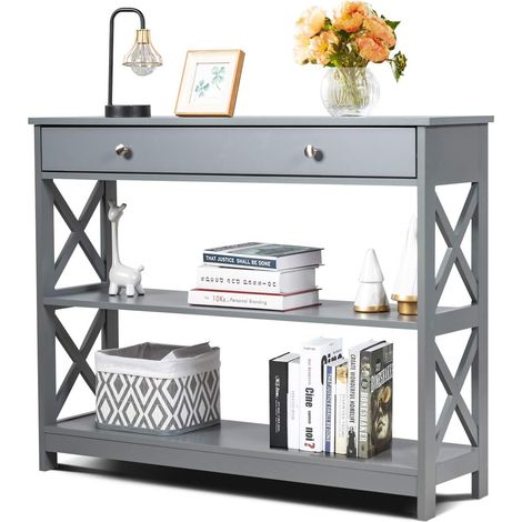 Costway – Table console en MDF 100x30x80cm – 1 tiroir et 2 étagères – Structure en X pour stabilité – Design moderne pour couloir et salon (1/5)