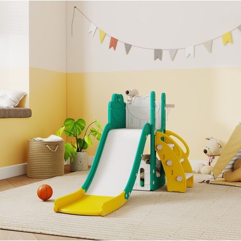 Tobogán infantil 5 en 1 con canasta, telescopio y rocódromo, 178 x 70 x 86 cm, HDPE amarillo/verde (1/5)