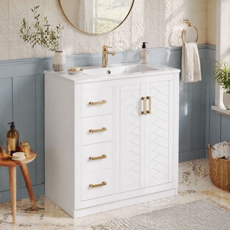 Mueble bajo lavabo blanco con 3 cajones, almacenaje lateral y lavabo de cerámica 76,5 cm (1/5)