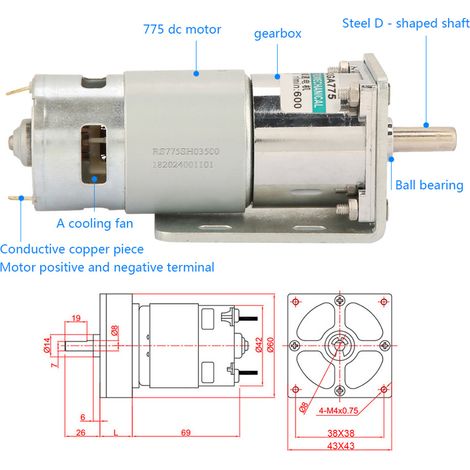 12V/24V DC Miniatur-Getriebemotor mit Halterung und Drehzahlregler XD-42GA775+, Vorwärts-/Rückwärtslauf. (1/5)