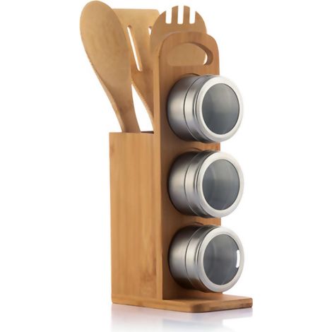7pcs Magnetic Bamboo Spice Pot Herb Tin Jar Storage Container Holder Cook Stand (1/5)