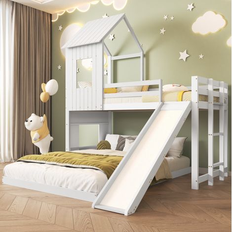 Litera 90/200 y 140/200 cm blanca con tobogán, techo y escalera (1/5)