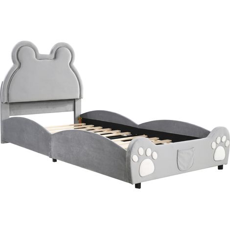 Cama infantil tapizada con forma de oso 90 x 200 cm gris de terciopelo suave (1/5)