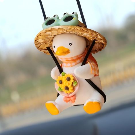 1 orangefarbene Papierente, umwickelt mit Blumen – Hängeente – Auto-Rückspiegeldekoration in Form einer Hängeente (mit Sonnenblume)