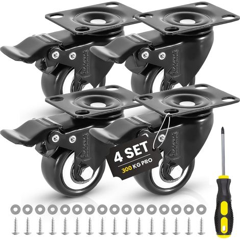 Roulette Charge Lourde de 50mm jusqu'à 300 kg, avec Vis, Rondelles et Tournevis - Lot de 4 Roulettes pour Meubles - Roulette Meuble - 4 Roulettes Pivotantes avec Frein - Roues pour Chariot (1/5)