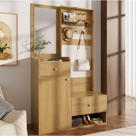MEUBLIV Garderobe 105 x 38 x 180 cm Holzoptik – mit Spiegel, Haken und Stauraum (1/5)