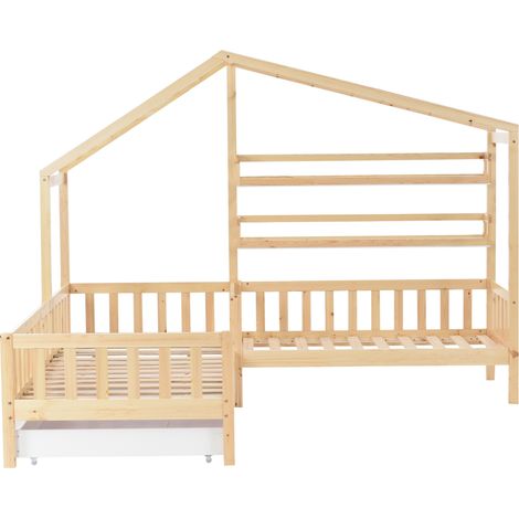 Cama tipi infantil en L con cajón y estantes de madera natural 90x200 + 70x140 cm (1/5)
