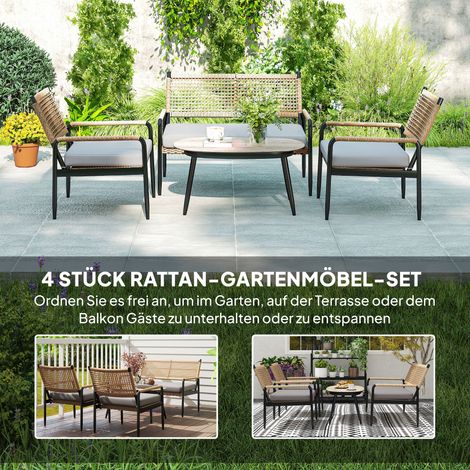 Ensemble de salon de jardin en résine tressée comprenant un canapé deux places, un fauteuil, une table avec plateau en verre et des coussins pour 4 personnes, teinte anthracite et jaune.