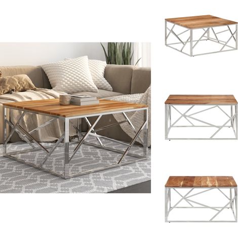 Table basse argenté acier inoxydable et bois massif d'acacia - Table Basse - Meuble Salon - Table D'appoint - Acacia - Métal (1/5)