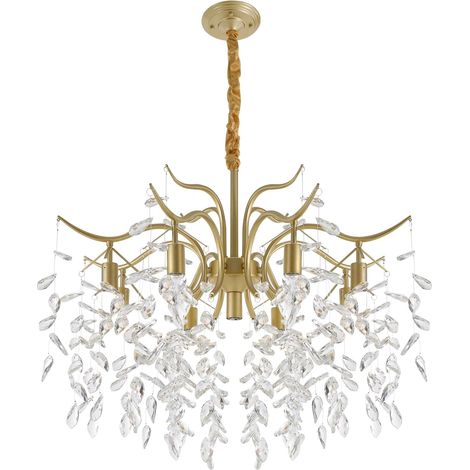 HAUTOUR Lustre Plafond Moderne Doré Forme Branche en Fer et Cristal K9, Montage au Plafond 9×Douilles E12 (Ampoules Non Incluses), Chaîne Réglable, pour Salon Chambre Hôtel Restaurant Café, Surface 5‑ (1/5)