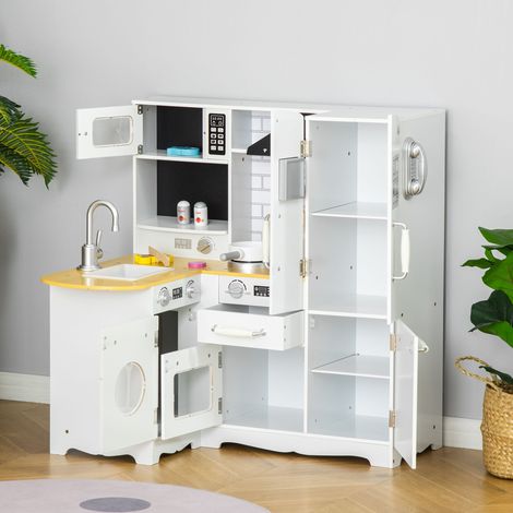 Cuisine pour enfants de 3 à 6 ans, avec de nombreux accessoires, rangements, évier, robinet, four, micro-ondes, hotte aspirante, téléphone et réfrigérateur, blanche.