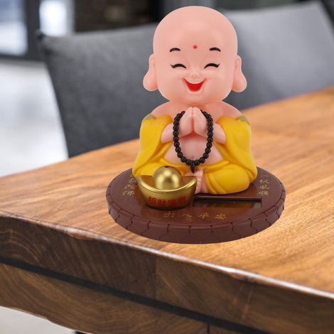 Décoration de bureau solaire « Petit moine qui hoche la tête » avec panneau solaire photosensible - Bouddha rieur (jaune) (1/5)
