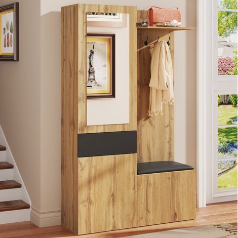 Conjunto perchero de recibidor en MDF negro y natural con 5 ganchos, 98,5 x 38 x 191 cm, espejo, zapatero y asiento (1/5)