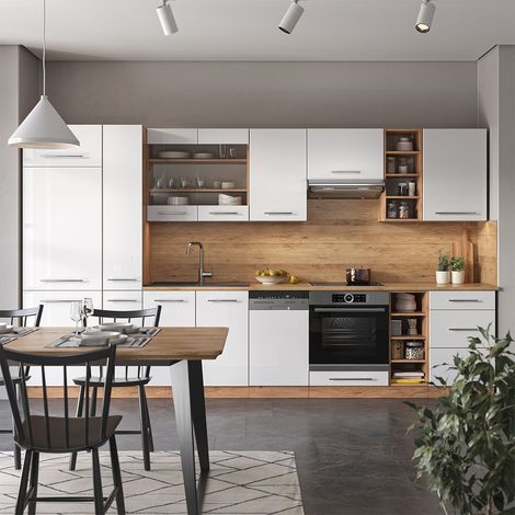 Cuisine Fame-Line, Blanc brillant/Chêne doré, 355 cm , PT Chêne, Vicco