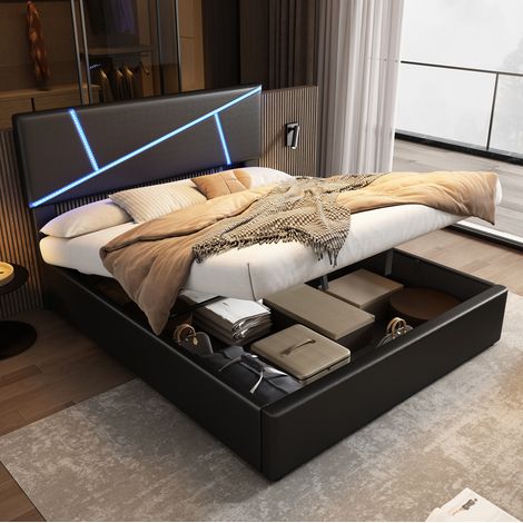 Bett mit Stauraum PU Schwarz 140x200 cm, Polsterbett mit LED-Kopfteil, hydraulischem Bettkasten und Lattenrost (1/5)