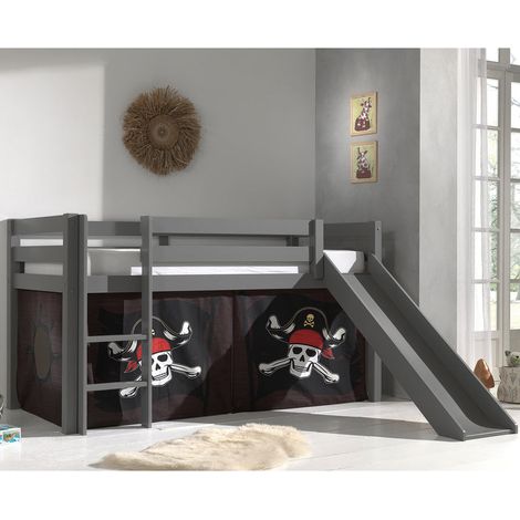 Cama de media altura 90x200 con Tobogán, somier y funda Pirata Vipack Pino Gris (1/4)