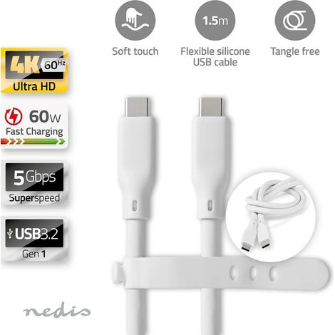 Cable usb usb 32 generacion 1 usb c macho usb c macho 60w 4k60hz 5 gbps niquelado 150 metros redondo silicona blanco caja