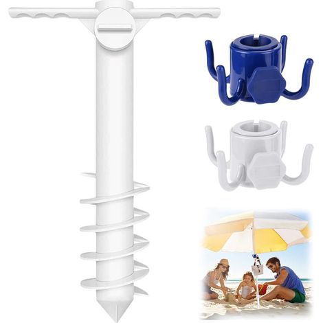 Support de parasol de jardin avec poignée et deux crochets, piquet de support pour parasol de plage, pied de parasol, pour la plage, le sable, la pelouse, etc., pour mât de 20 à 35 mm. (1/5)