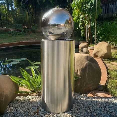 Köhko® Fontaine à boule en acier inoxydable Ø25 cm avec éclairage LED intégré, bac cylindrique poli brillant H60 cm (1/4)