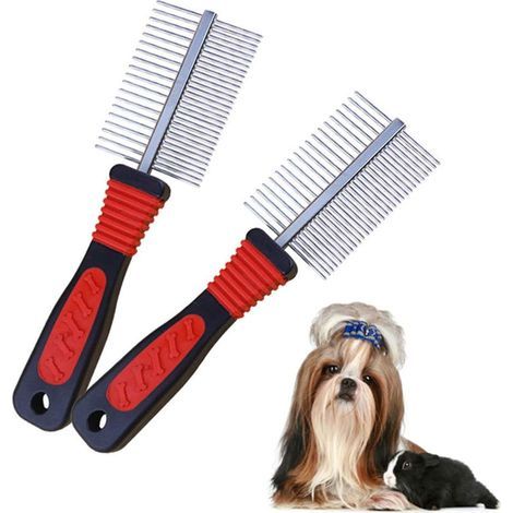 Peigne de Toilettage de Chien, Peigne Rateau pour Chats Peigne avec Arrondies dents double face en metal Brosse Peigne antipuces pour Animaux à Poils Moyens et Longs Peigne de toilettage (2PCS)- (1/4)