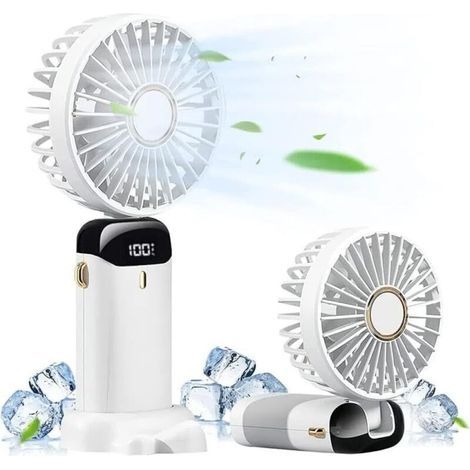 1 pc Handheld Fan with Base, Mini Portable Fan USB Rechargeable, 5 Speeds and LED Display , Operated Desk Fan Foldable,Quiet Working for Office,Bedroom,Outdoor Activities and Travel (Blanc) (1/5)